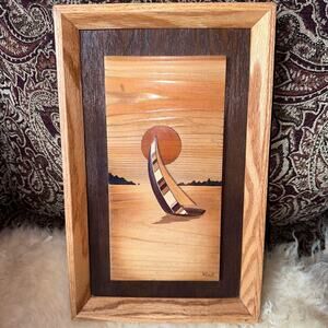 Vintage Robert W Johnson Wood Marquetry Wood Framed Picture Sailboat Moon Lake